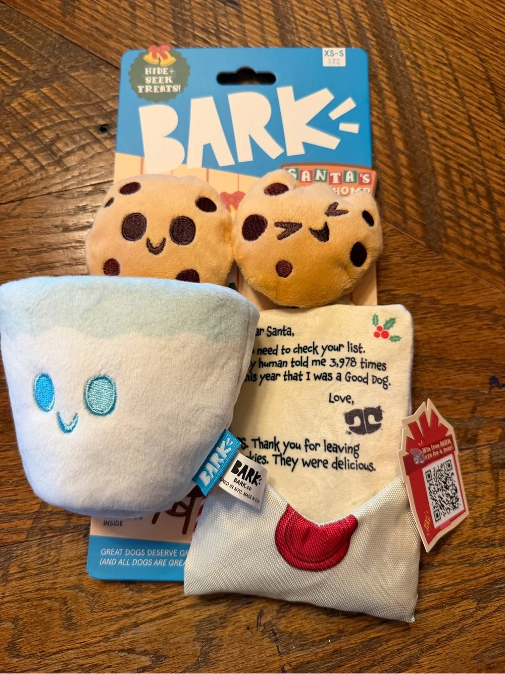 BARK Holiday Plush milk and cookies Toy in White and Blue